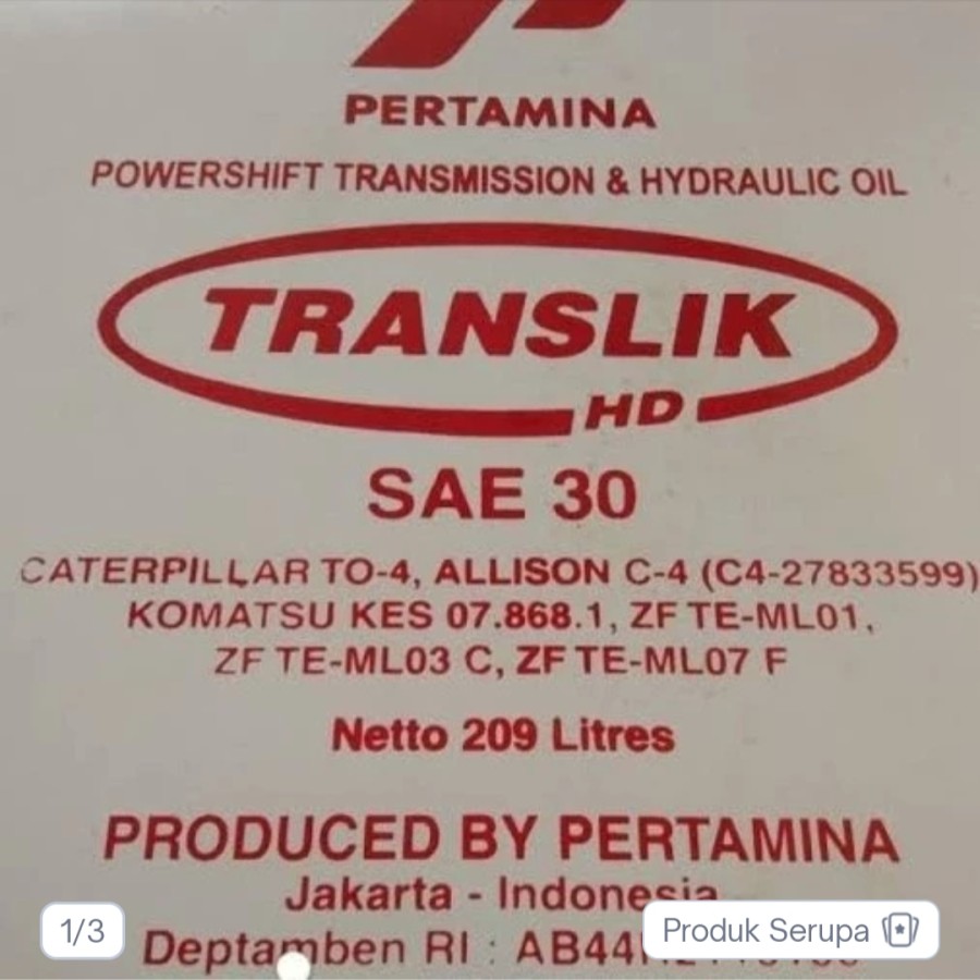 Oli Hidrolik Pertamina Translik Hd Sae 30 PERDRUM(209liter)