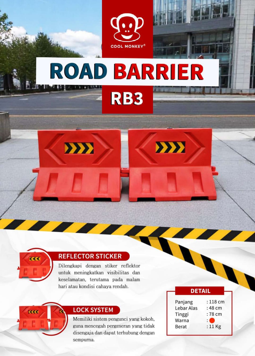 Road Barrier Cool Monkey RB 3 Ukuran 100x80x50cm Berat 11 KG